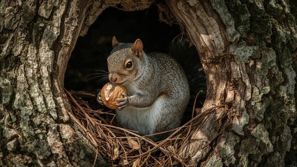 A squirrel inside a tree hollow holding a nut, surrounded by bark and nest material. Wild animal, nature scene, and wildlife photography.