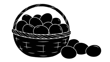 Vector illustration&nbsp;of black and white illustration of a woven basket full of eggs with several eggs spilled out isolated on transparent background