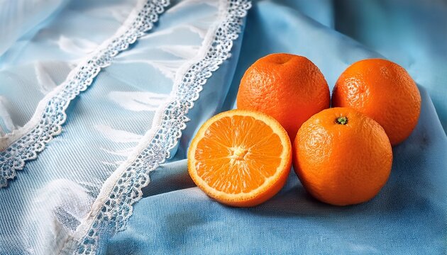 fresh oranges arranged on a soft blue cloth with delicate lace details