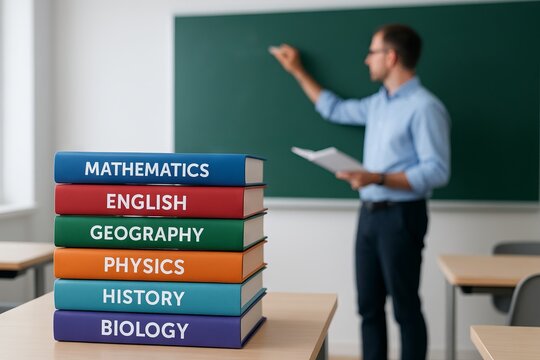 Stack of colorful school textbooks with subject names in foreground and male teacher writing on chalkboard in classroom. Concept of education, academic learning, school subjects, back to school