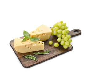Wooden board with tasty Swiss cheese and grapes on white background