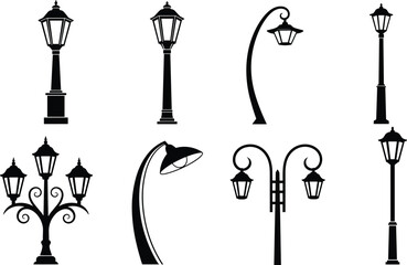 Vintage street lamp silhouettes set, classic antique lantern vector illustration, urban park lighting collection, black garden lamppost design, outdoor decorative light icons