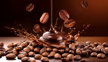 roasted coffee beans cascading with rich chocolate liquid in a dynamic and appetizing display
