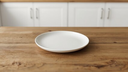Empty plate on wooden table with kitchen cabinets in background.