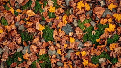 Fallen autumn leaves and rocks on green moss ground. Nature background with brown and yellow leaves, natural textures. Fall season and outdoor scene.