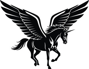 Winged unicorn silhouette vector illustration, black mythological creature for tattoo or logo design, flying pegasus with horn, fantasy horse art, isolated on white background