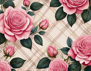 floral patterned design with pink roses and diagonal plaid accents on light background
