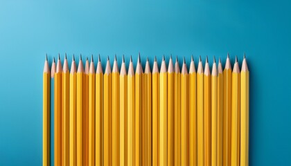 yellow pencils arranged in a perfect grid on a light blue background for a visually appealing educational composition