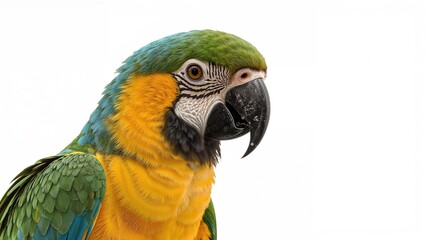 Obraz premium Colorful parrot with green, yellow, and blue feathers close-up on a white background.