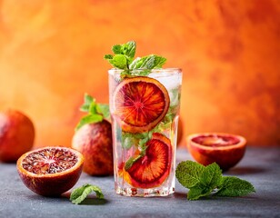 blood orange mojito with blood orange slices and mint served in a clear glass vibrant citrus background copy space