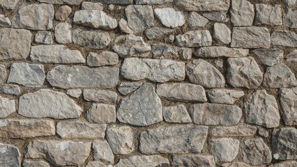 Stone wall with uneven, stacked stones as a rustic background, natural texture and pattern for construction or design purposes.