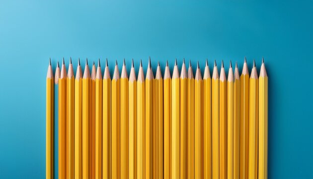 yellow pencils arranged in a perfect grid on a light blue background for a visually appealing educational composition