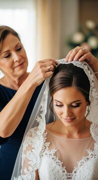 Woman bride getting ready for wedding ceremony, with helper fixing her white bridal veil. Preparing for big day. Happy marriage concept.