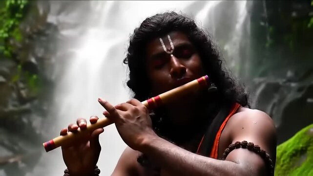 Man playing flute near waterfall.