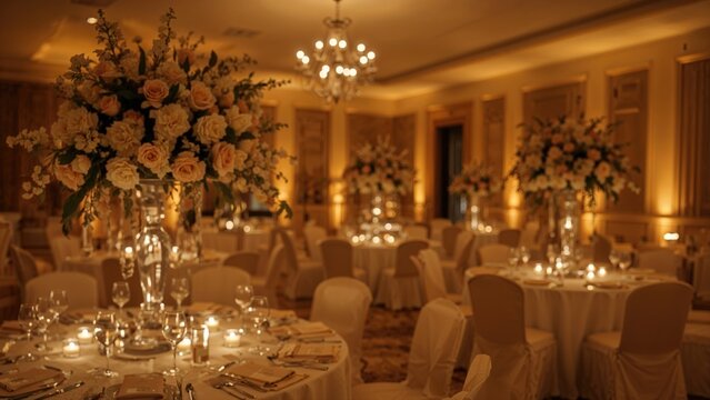 Elegant banquet hall setup with floral centerpieces, candles, and formal dining arrangements for a sophisticated event.