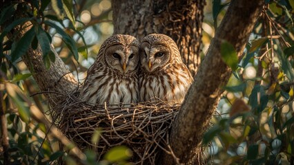 Obraz premium Two owls in a nest on a tree branch surrounded by leaves. Nature and wildlife, bird nesting, animal habitat, forest scene. The concept of avian life and natural environment.