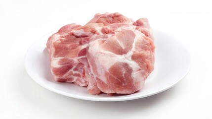 Raw pork meat on a white plate with visible marbling hyper-realistic close-up pure white background. Generative AI