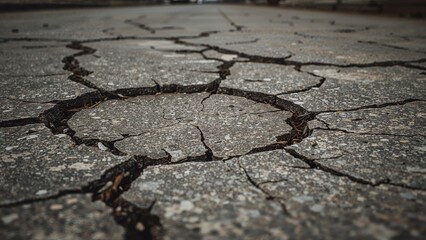 Fototapeta premium Cracked asphalt surface with visible fractures and damage.