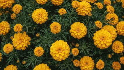 Bright yellow marigold flowers in full bloom with green foliage.