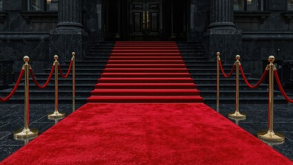 Red carpet leading to grand entrance with golden stanchions and red ropes, on dark marble stairs. Celebration, event, or luxury concept. Formal and elegant setting.