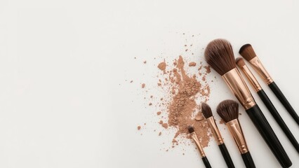 Makeup brushes with powder spilled on a white surface, various sizes of brushes, cosmetics, beauty tools, and makeup application process.