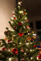 Christmas tree with red baubles. Decorated Christmas Tree with Lights and Ornaments.Festive display case with a decorated tree.Illuminated Christmas Tree with Ornaments and Star