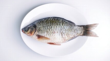 Fototapeta premium Fresh fish on a white plate isolated photorealistic with shiny scales. Generative AI