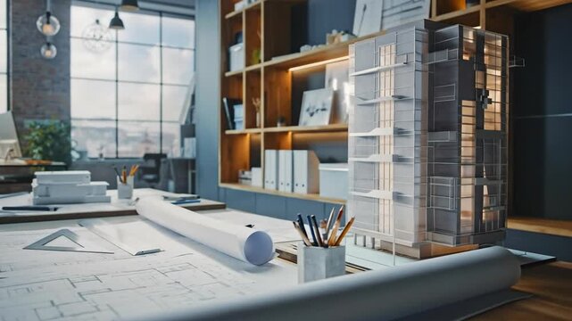 Architects Workspace Blueprints Tools Books Shelves.