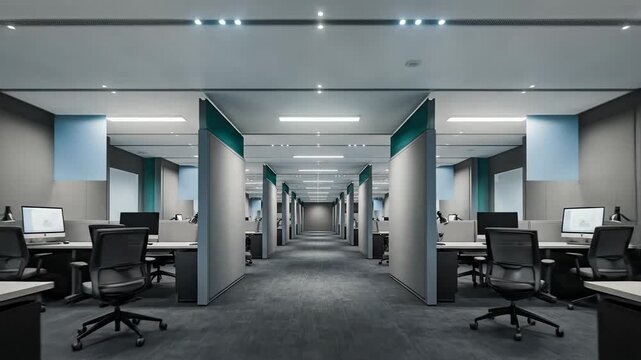 Long corridor of quiet office cubicles with computers and monitors.
