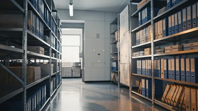 Quiet Archive Storage Room with Tall Shelves and Boxes.