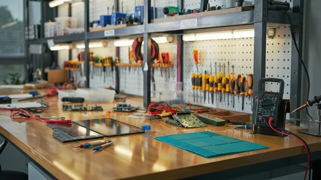Well Equipped Workshop Bench with Tools and Cutting Mats.
