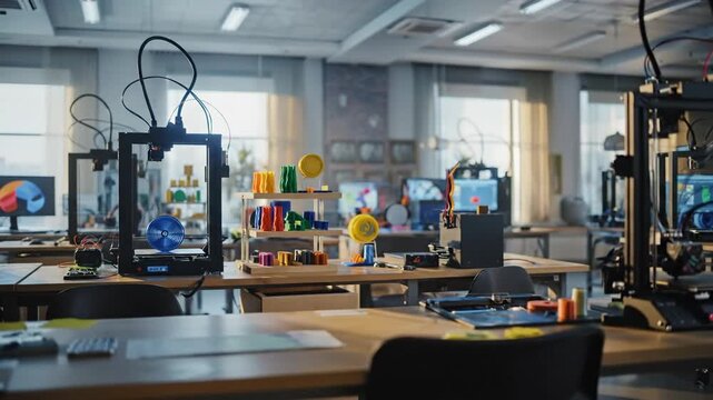 Modern Makerspace with 3D Printers and Workstations.