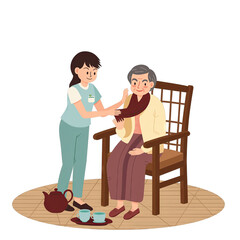 Caring Nurse Helping Elderly Woman With Scarf In Living Room With Tea Set Pastel Colors Flat Vector Illustration Transparent Background