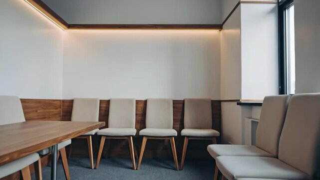 Cozy modern cafe seating area with wood chairs.