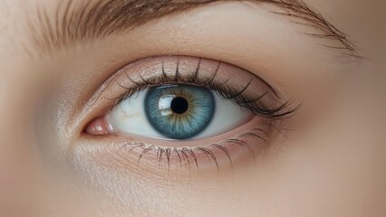 Obraz premium Close-up of a human eye with blue iris, eyelashes, and eyebrow.
