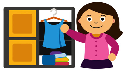 Woman arranging clothes in her wardrobe vector illustration