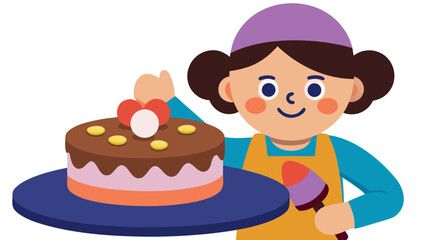 Woman smiling while decorating a colorful chocolate cake