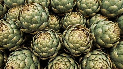 Fototapeta premium Cluster of artichokes with green leaves and layered texture. Fresh vegetables, agricultural produce, healthy diet, and vegetarian cooking.