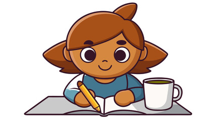 Cartoon woman sketching in notebook with coffee at a desk