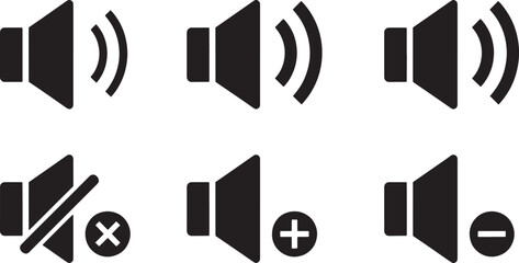 Speaker volume icons showing sound levels mute increase and decrease controls Concept of audio interface communication and technology