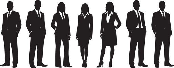 Silhouette illustration of business men and women standing in formal suits with confident posture, concept of corporate teamwork and professional workforce