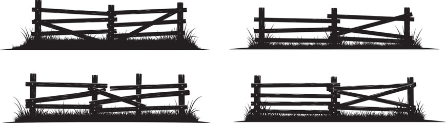 Silhouette illustration of rustic wooden fence variations with rough planks and grass detail, concept of rural boundary and countryside texture