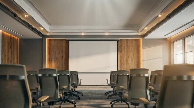 Empty modern conference room with projector screens and chairs.