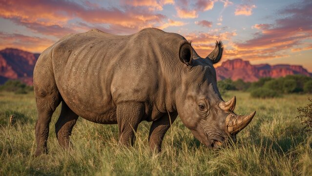 A rhinoceros grazing in grassy plains at sunset with mountains in the background.
