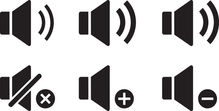 Speaker volume icons showing sound levels mute increase and decrease controls Concept of audio interface communication and technology