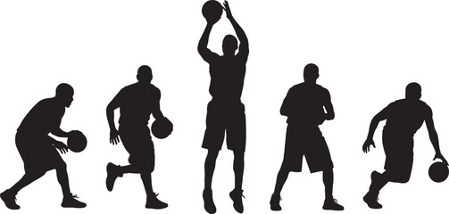 Silhouette basketball player in multiple action poses dribbling running and shooting Concept of sport movement energy and athletic training