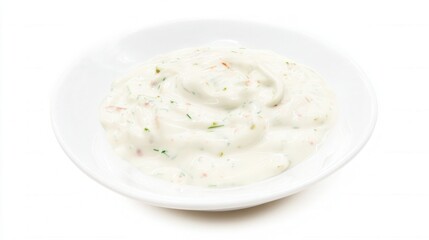 Tartar sauce served on a clean white plate with herb and pickle flecks. Generative AI