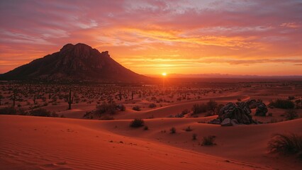 Desert landscape at sunset with a mountain silhouette and orange sky.
