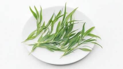 Fototapeta premium Fresh tarragon leaves on a white plate. Generative AI