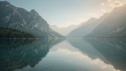 Serene mountain lake landscape with towering peaks, calm water surface mirroring the sky and mountains, and lush greenery along the shoreline.